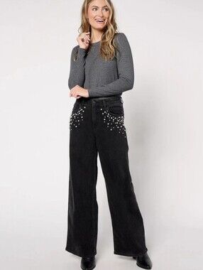 Me By Jennie Garth NEW Plus Size 20 Wide Leg Flare Black Jeans with Pearl Accent